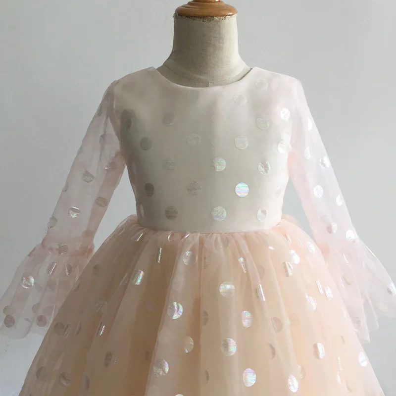 Children's wedding dress girls sequins mesh long sleeve performance dance birthday pompous princess MIDI dress enlarge