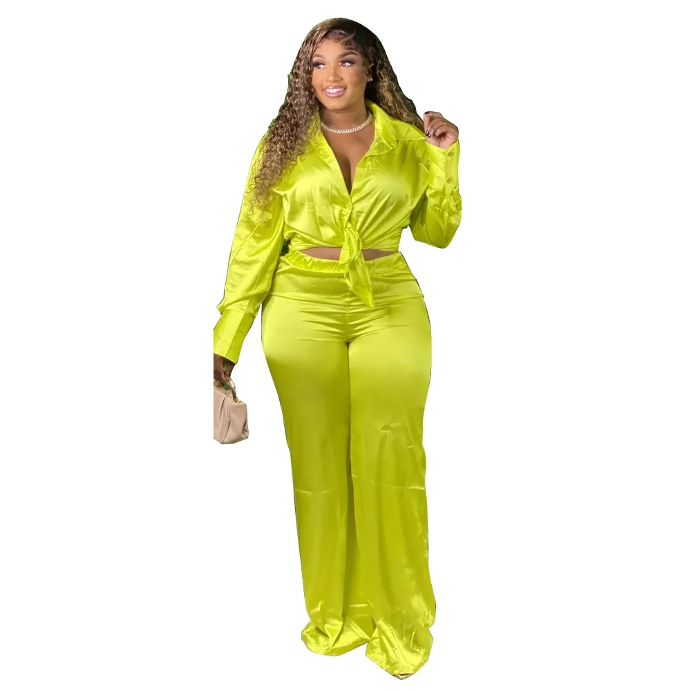 Plus Size Women's Trousers Suit Casual Loose Style Commuter Style 2022 Autumn and Winter New Solid Color Fluorescent Green