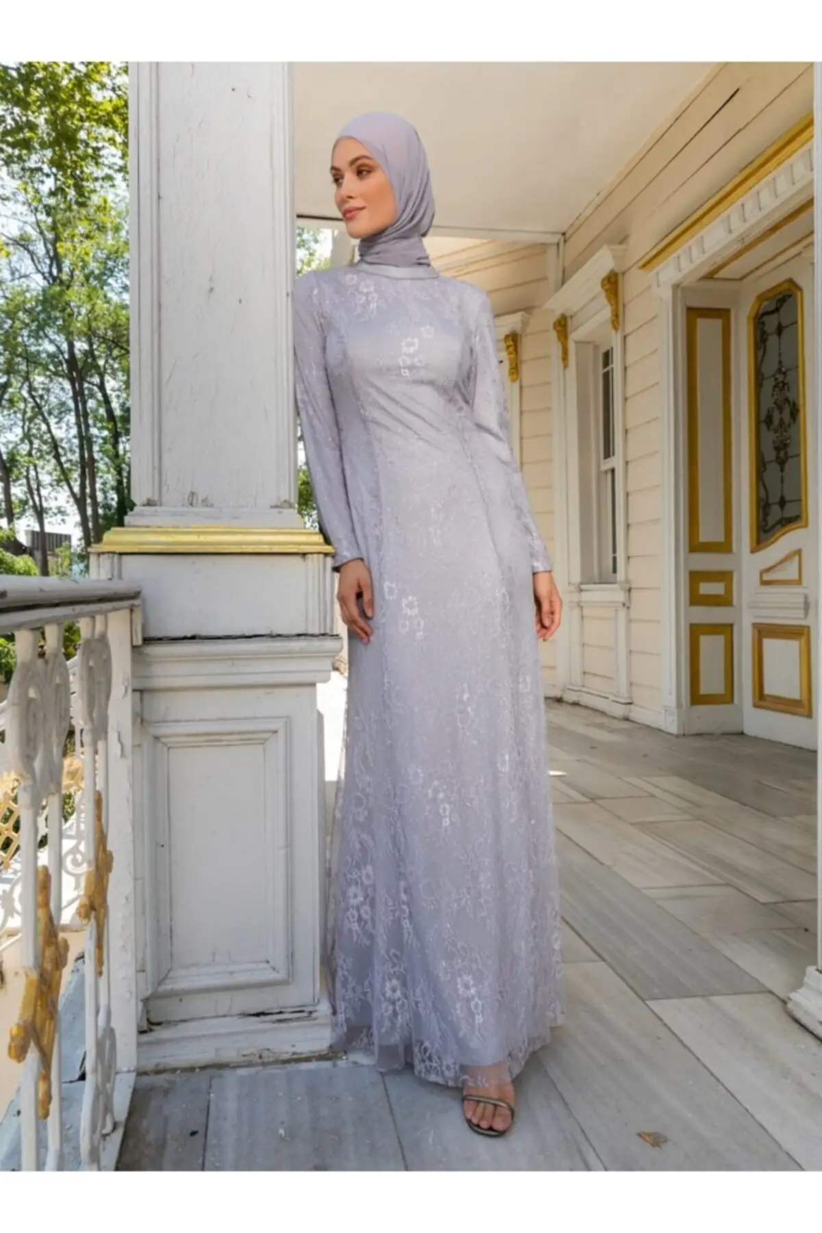 

Pearl Detailed Lace Evening Dress - Gray - Woman