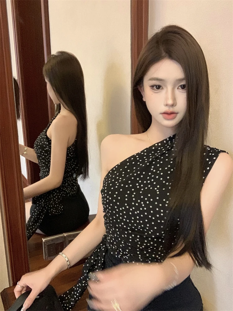 Романтический шикарный топ с открытыми плечами London High Sense черный в горошек Летний