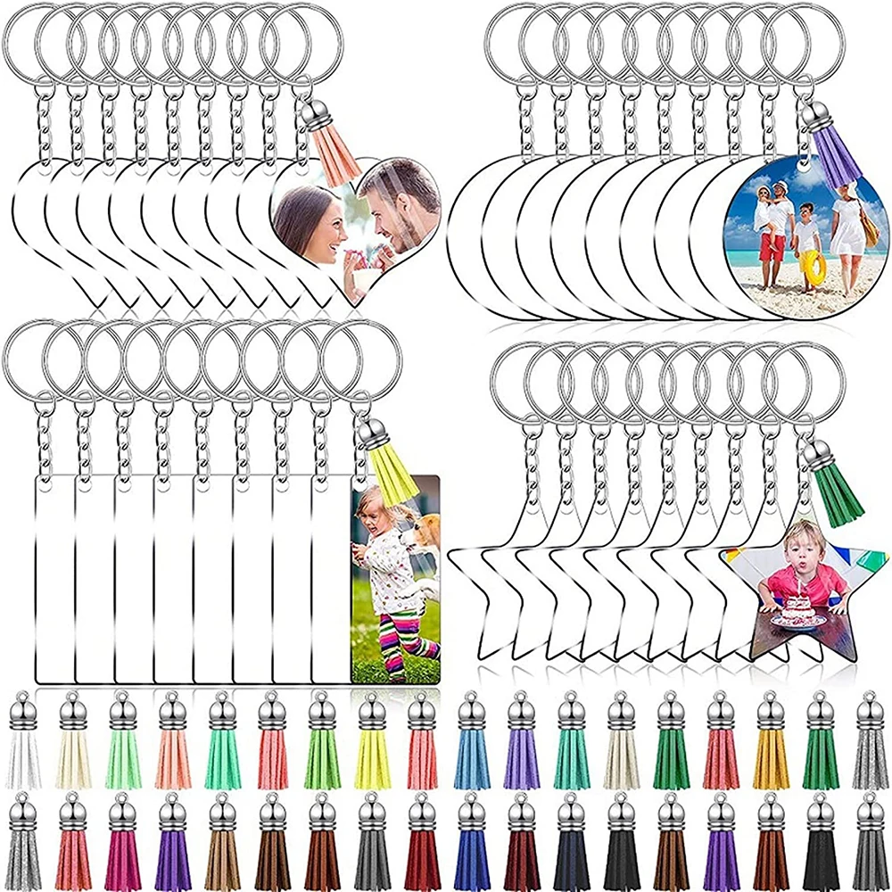 

144pcs Clear Keychain Blanks Kits with Tassels Key Rings Jump Rings for Vinyl Projects Sublimation Ornament Blanks DIY Art Craft