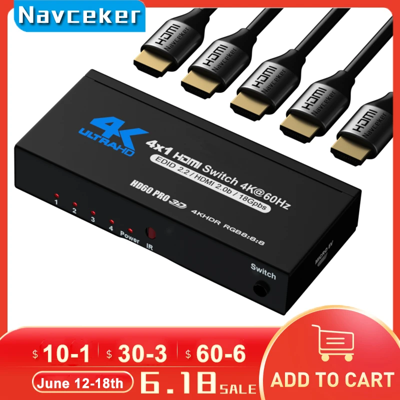2023 Best 4K HDMI Switch 2.0 Support RGB 4:4:4 HDR HDMI Switch 4K 60Hz HDMI 2.0 Switch Remote IR UHD 4 Port HDMI Switch Switcher