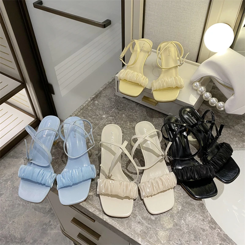 

Open Toe Women Sandals Dress Sandals Thin High Heels Ankle Strap Black Beige Yellow Blue Party Pumps Elegant Slides Buckle Pumps