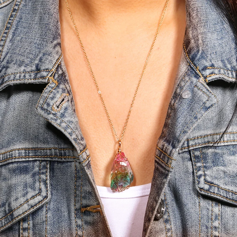 

Vintage Multicolor Irregular Natural Stone Pendant Necklaces For Women Men Crystal Stone Colorful Tree of Life Pendant Necklace