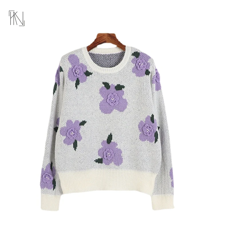

Purple Three-dimensional Decorative Flowers Long-sleeved Knitted Pullover 2022 Autumn New Women French Loose Round Neck Jumper