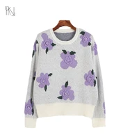 purple three dimensional decorative flowers long sleeved knitted pullover 2022 autumn new women french loose round neck jumper