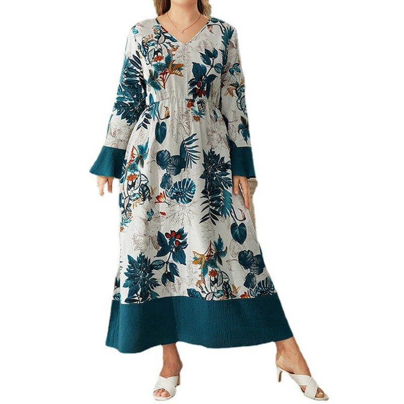 New Muslim Women's Dress Fashion V-Neck Trumpet Sleeve Floral Print Dress Dubai Arab Turkey Islam Femme Elegant Gown Vestidos