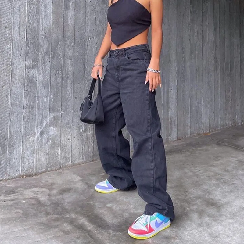 

Womens Straight Leg Baggy Jeans Low Waist Fashion Casual High Quality Wide Leg Pant Y2k Streetwear Loose Slim Female Black Jeans