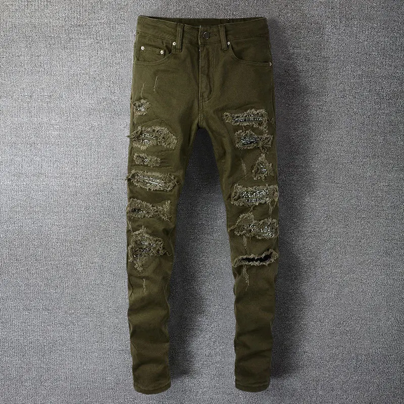 

Fall Paisley Bandana Print Pleated Patch Denim Jeans Streetwear Patchwork Stretch Pants Military Green Ripped Skinny Trousers