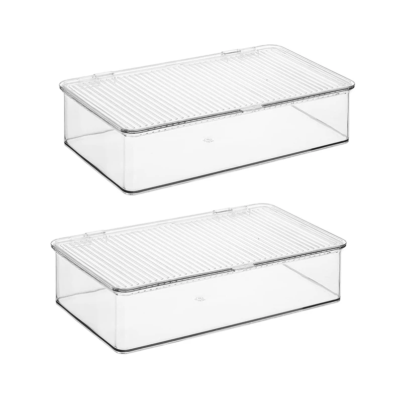 

BEAU-2Pcs Storage Bins For Pantry & Fridge With Hinged Lids - Clear Plastic Organization Containers. Free Up Space In Kitchen