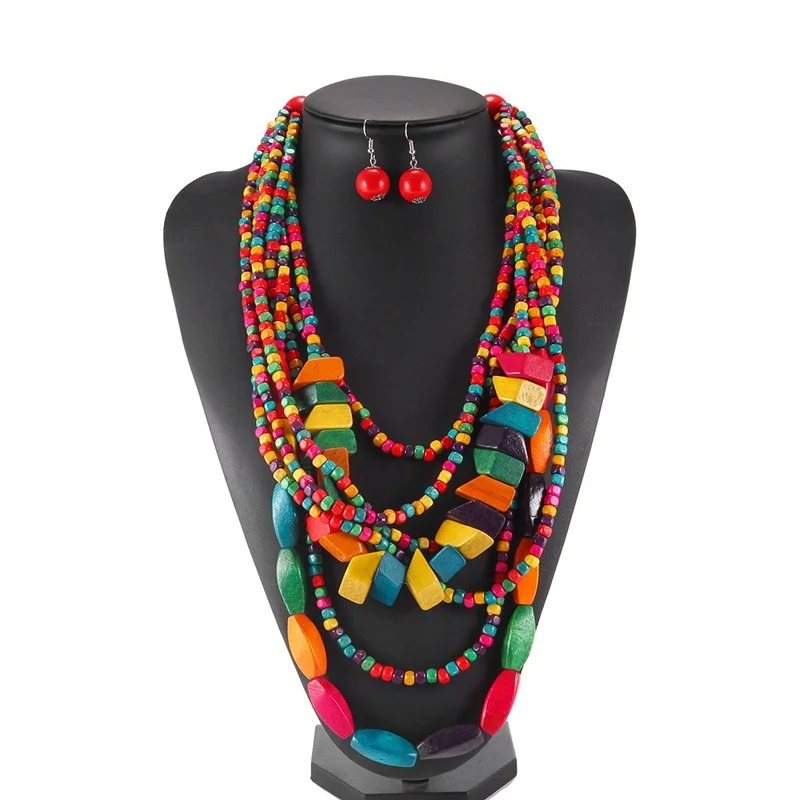 

New Beads Necklace Earrings Set Fashion Women Multilayer Resin Bead Jewelry Colorful Necklace Earring Accesories for Girls Gifts
