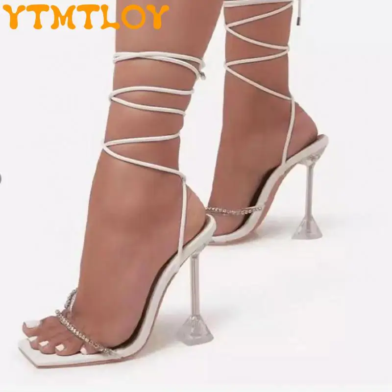 

2021 New Fashion Sexy High Heel Ladies Sandals Roman Shoes Rhinestone Lace-up Sandals Women Shoes