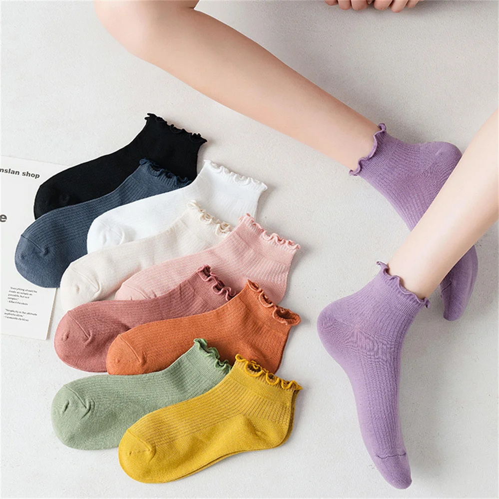 

5 Pairs Of Women's Socks Autumn New Fungus Edge Candy Color Simple Socks Loose Mouth Solid Color Cotton Boat Socks