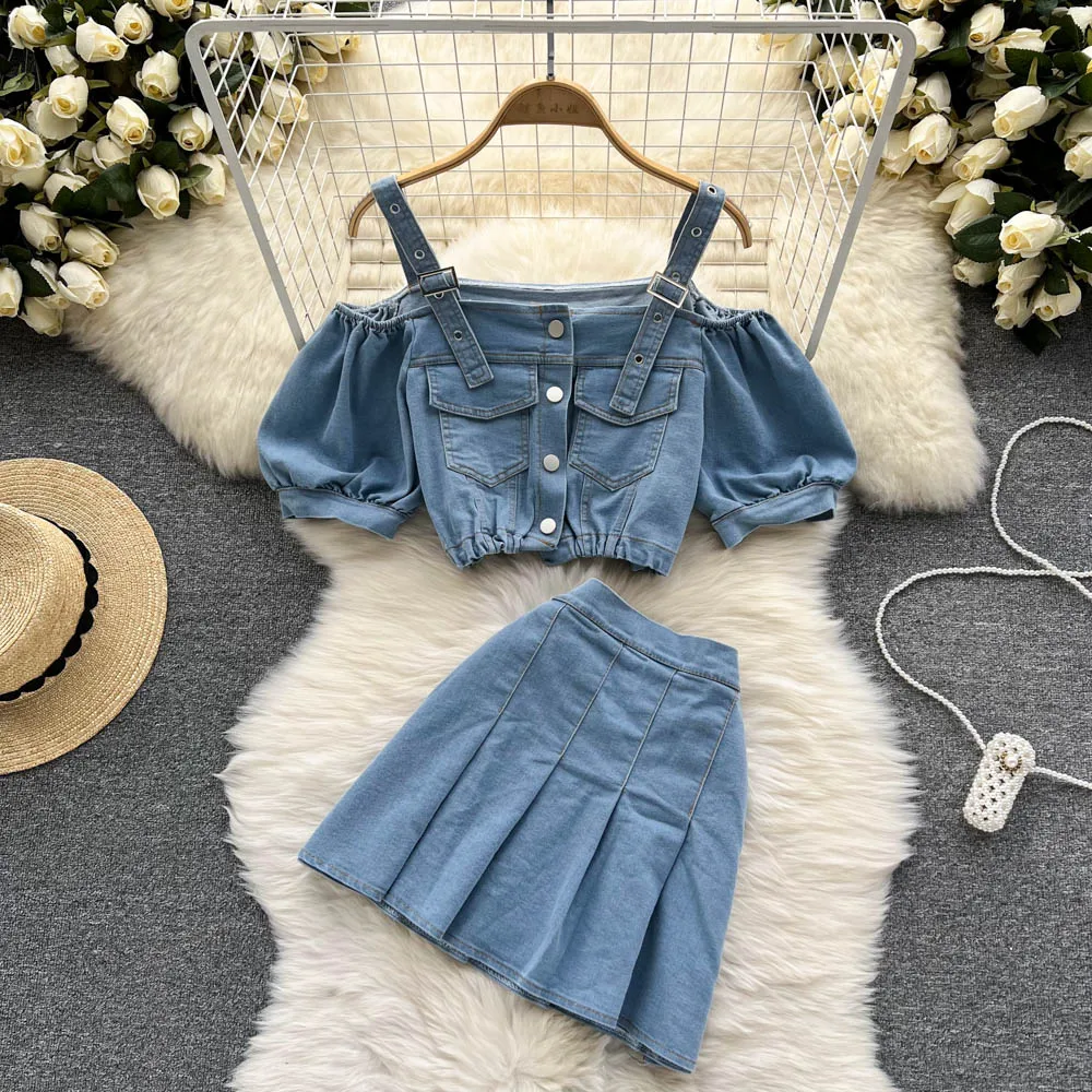 

French Puff Short Sleeved Design Suit Off Shoulder Short Denim Shirt and Pleated Skirt Two Pieces Set