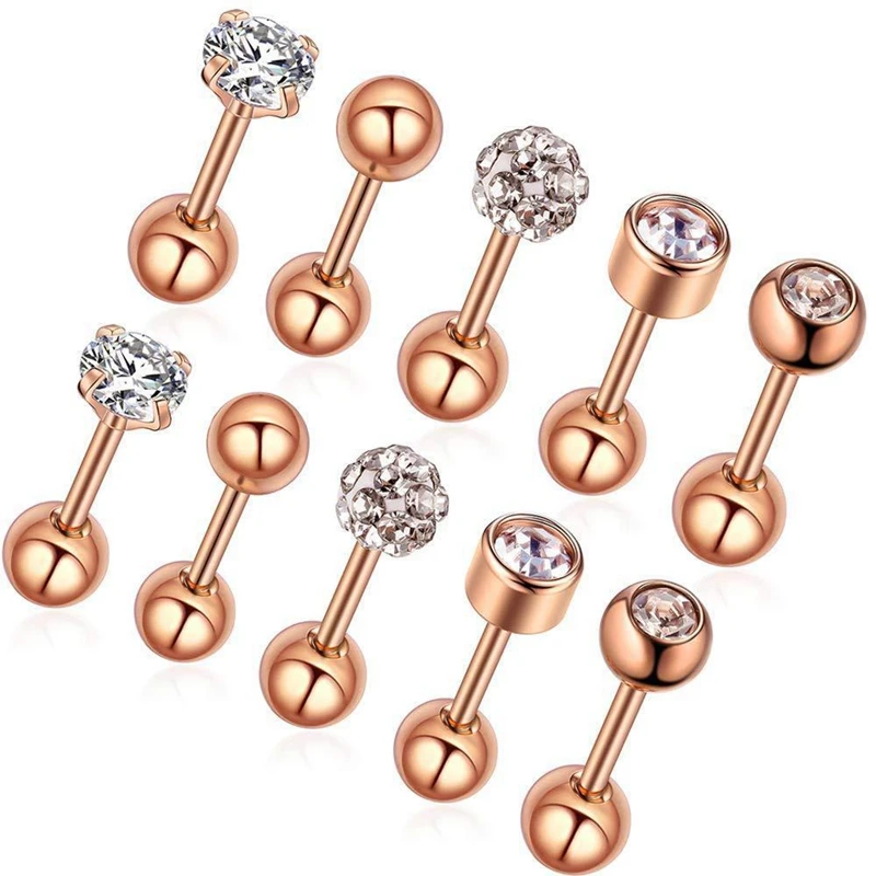 

10pc Surgical Steel Zircon Gem Piercing Nose Ring Tongue Stud Ear Cartilage Crystal Tragus Helix Piercing Labret Body Jewelry