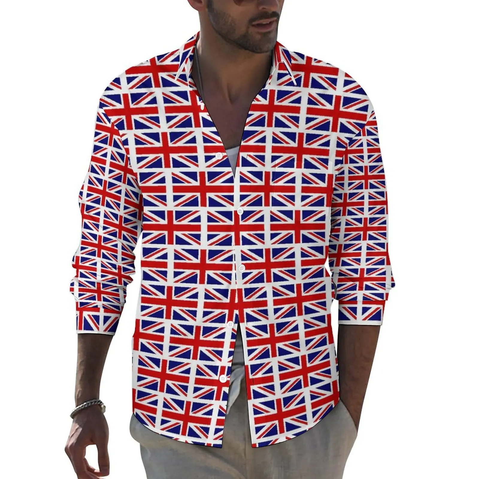 

UK Flags Print Shirt Man British Union Casual Shirts Autumn Y2K Custom Blouses Long Sleeve Novelty Oversize Clothes Gift