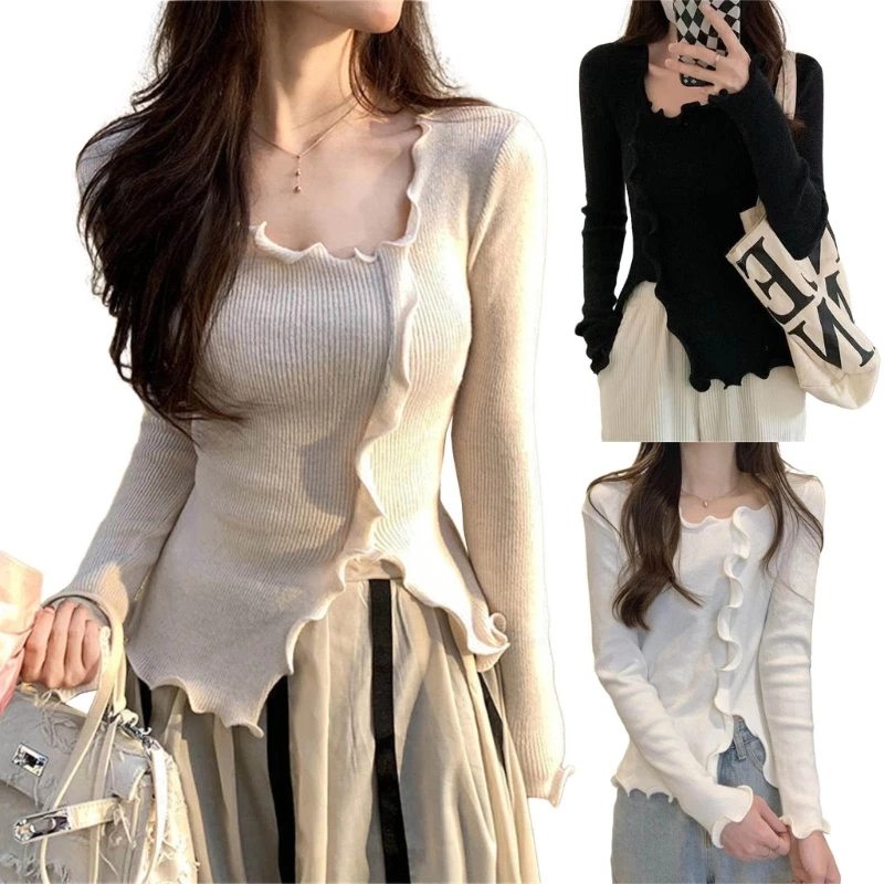 

Womens V Neck Pullover Sweaters Lightweight Fitted Ruffle Layer Casual Long Sleeve Knit Shirt Tops Gifts