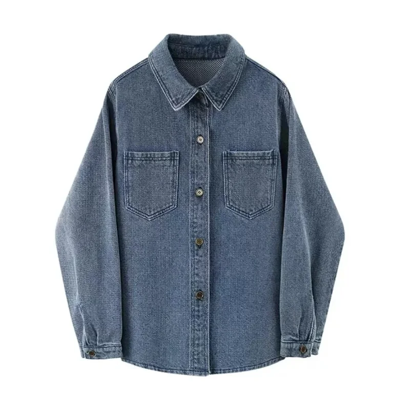 

Женская джинсовая рубашка с принтом рыбьей чешуи, винтажная блузка свободного покроя, Стильная джинсовая куртка, верхняя одежда для весны и осени, 2023