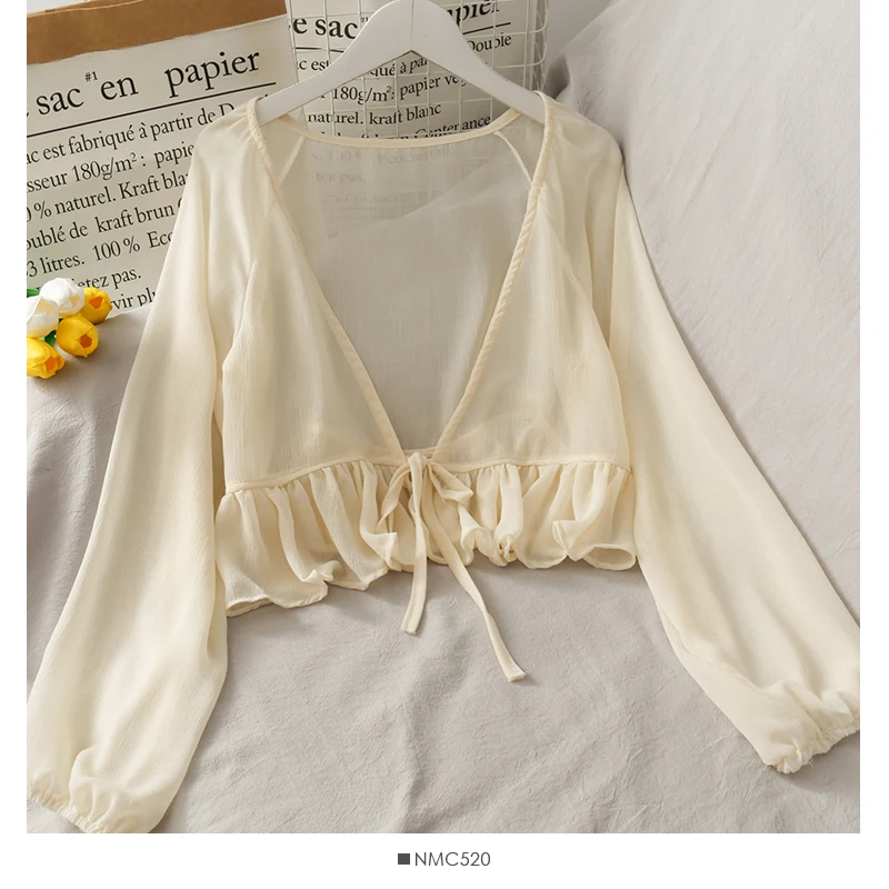 

Tie Waist Beach Cover Up Top Frill Hem Solid Textured Chiffon Top Women Draped Chiffon Blouse Blouson Sleeve Front