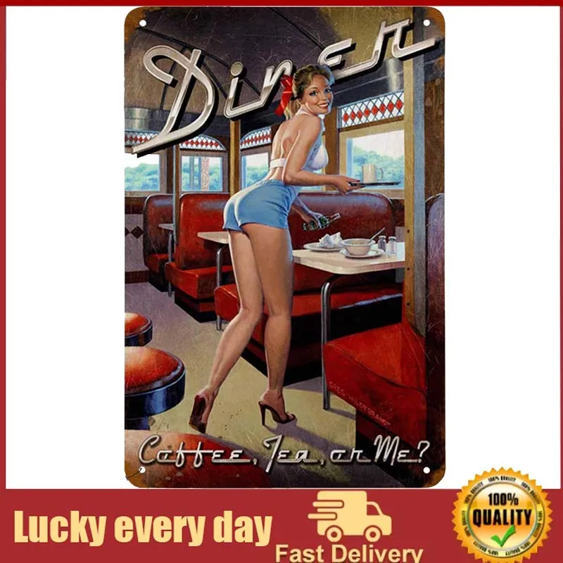 

Swono Dinner Tin Signs,Pinup Girl Smile on Dining Room Coffee Tea Me Vintage Metal Tin Sign for Men Women,Wall Decor for Bars