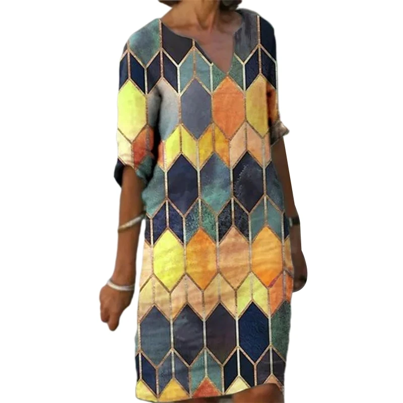 

Женское длинное платье миди с полурукавами и V-образным вырезом, разноцветное повседневное свободное платье в стиле бохо с геометрическим ш...