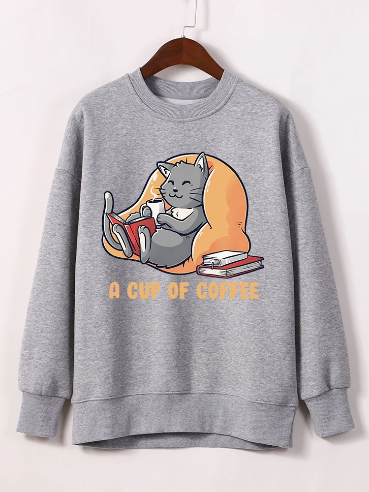 

Lady Sweatshirts Grey Cat Drinks Coffee While Reading Printed Clothes Woman Sports Oversize Tracksui Kawaii Animal Women Hoodies