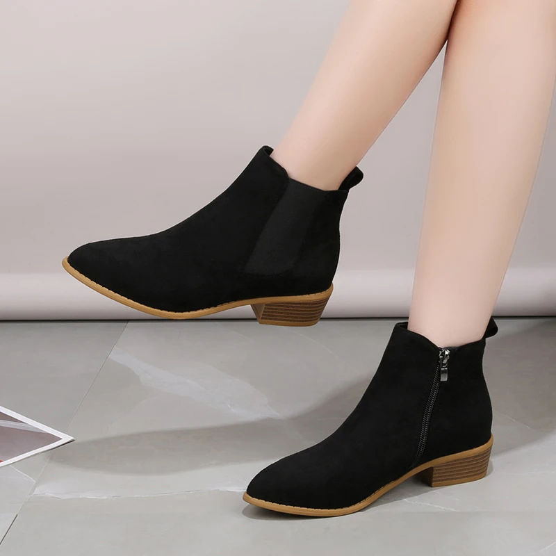 Women's Natural Suede Leather Elastic Patchwork Slip-on Flats Autumn Ankle Boots Square Toe Casual Short Chelsea Boots Shoes Hot