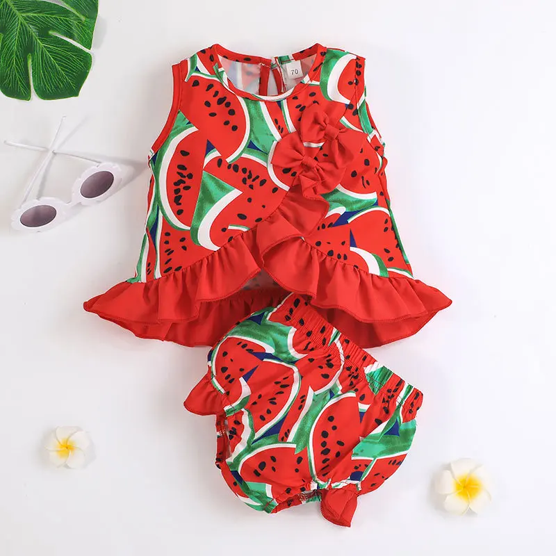 

Summer Newborn Baby Girls Clothes Set Watermelon Print Bow Sling Top + Briefs Toddler Infant Clothes Suit