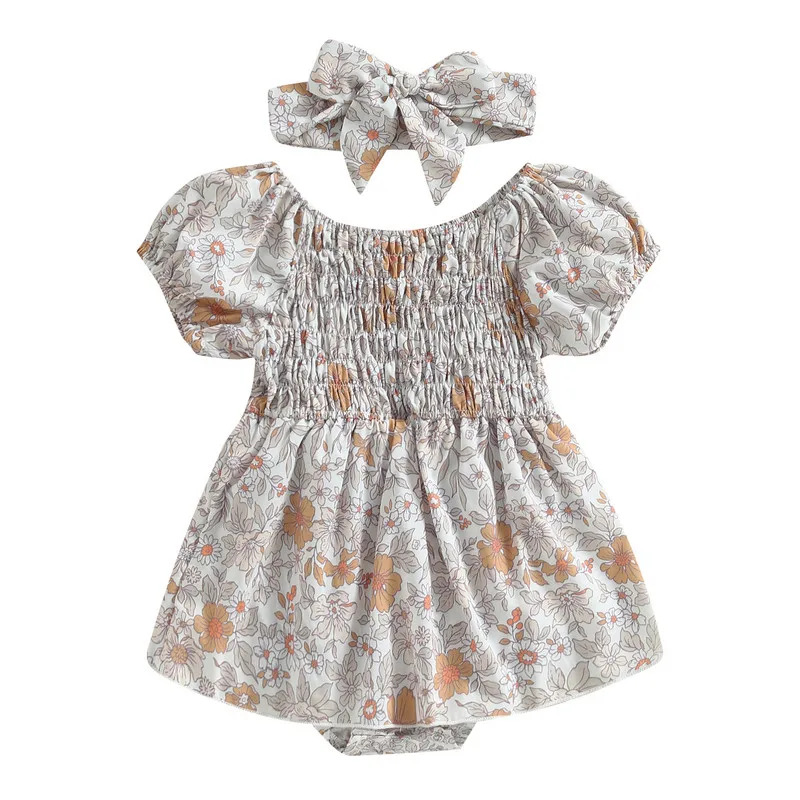 

Infant Baby Girls Bodysuit Dress Summer Clothes 2023 Floral Short Sleeve Square Neck Skirt Hem Jumpsuits with Headband
