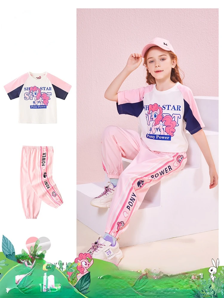 

Летняя одежда для девочек My Little Pony, новинка, Детские Модные брюки с коротким рукавом и мультяшным рисунком для детей и подростков, комплект из двух предметов