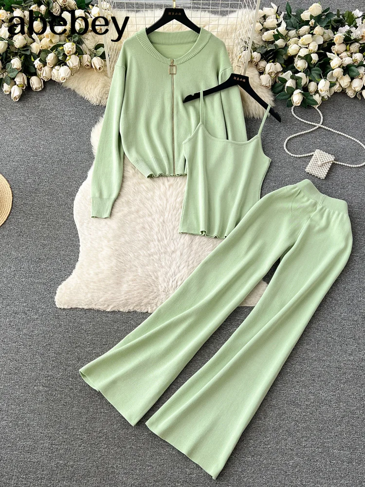 

Green Fashion Designer 3 Piece Women Cardigan Tracksuits Solid Knitted Harem Pant Sets Ladies Sweater Cloth Suits
