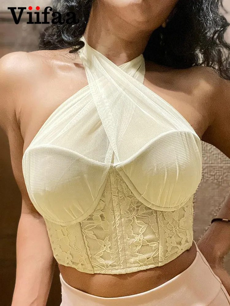 

Viifaa Apricot Mesh Criss Cross Halter Sleeveless Lace Corset Top Summer Clothes for Women Party Tanks Backless Sexy Crop Top