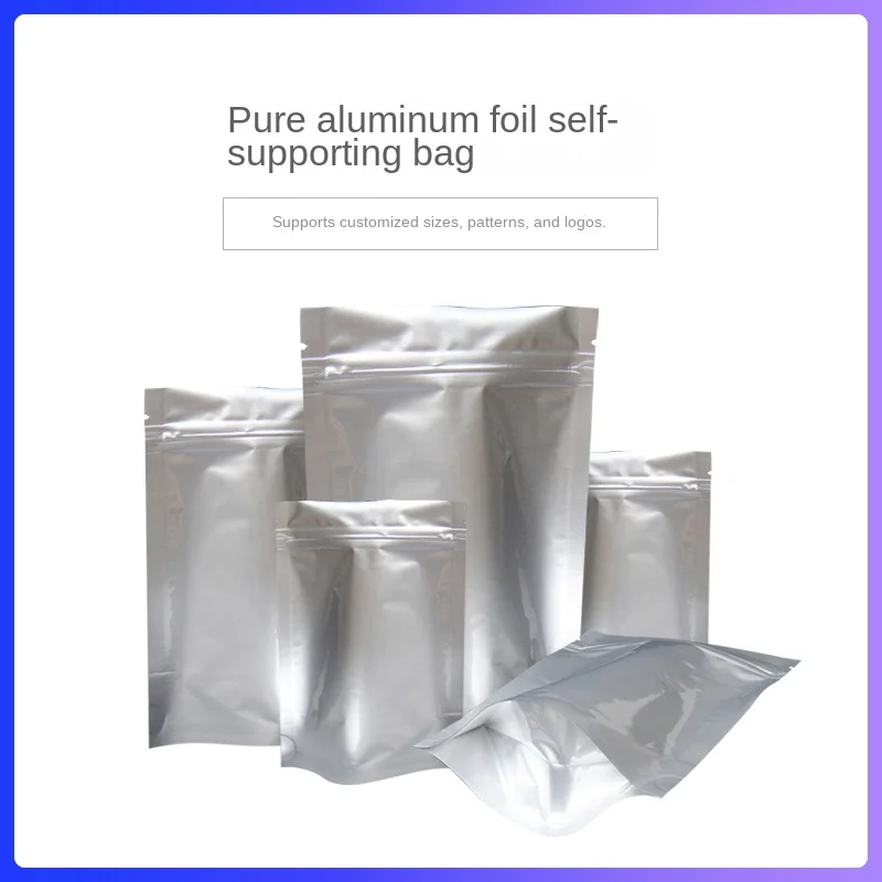 

100pcs/Lot Pure Aluminum Foil Ziplock Packaging Bags Stand Up Pouches Food Storage Bag for Tea Coffee Gifts Heat Seal Sac