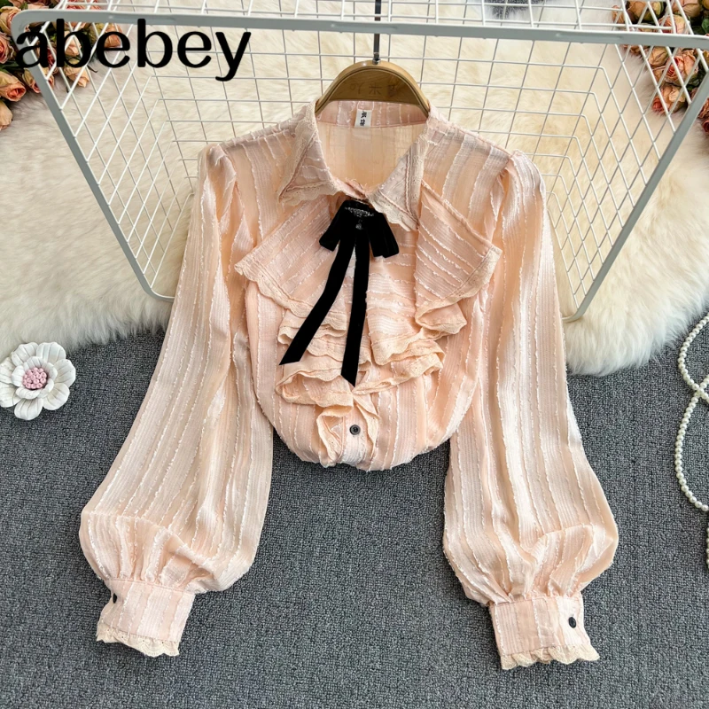 

2022 New Spring Autumn Sweet turn down collar long sleeve shirt bow lace Ruffles patchwork single breasted solid Shirt Top