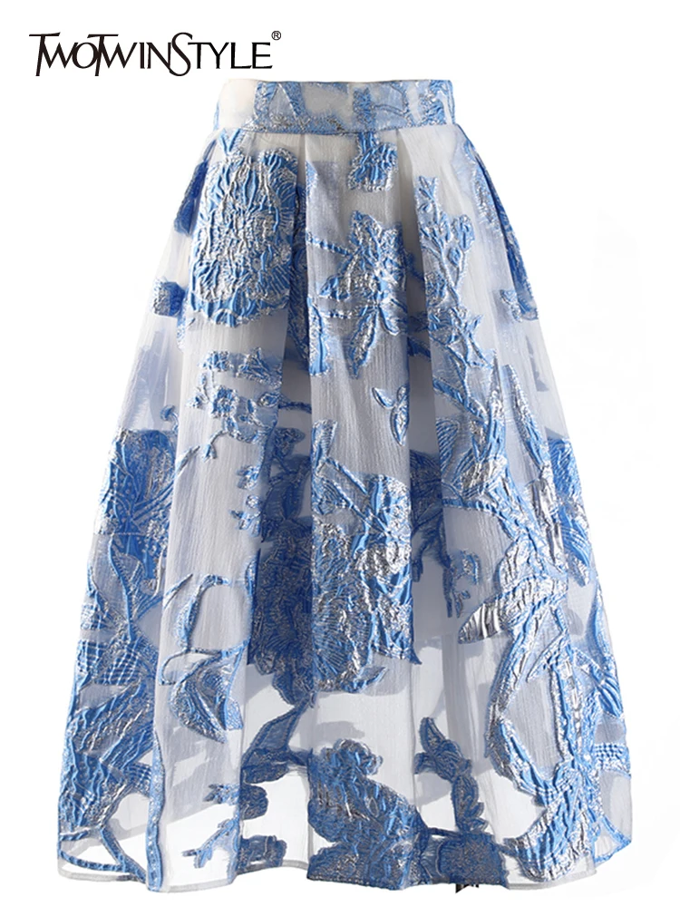 

TWOTWINSTYLE Vintage Embroidery Skirt For Women High Waist A Line Colorblock Midi Skirts Female Summer Fashion Clothing 2022 New