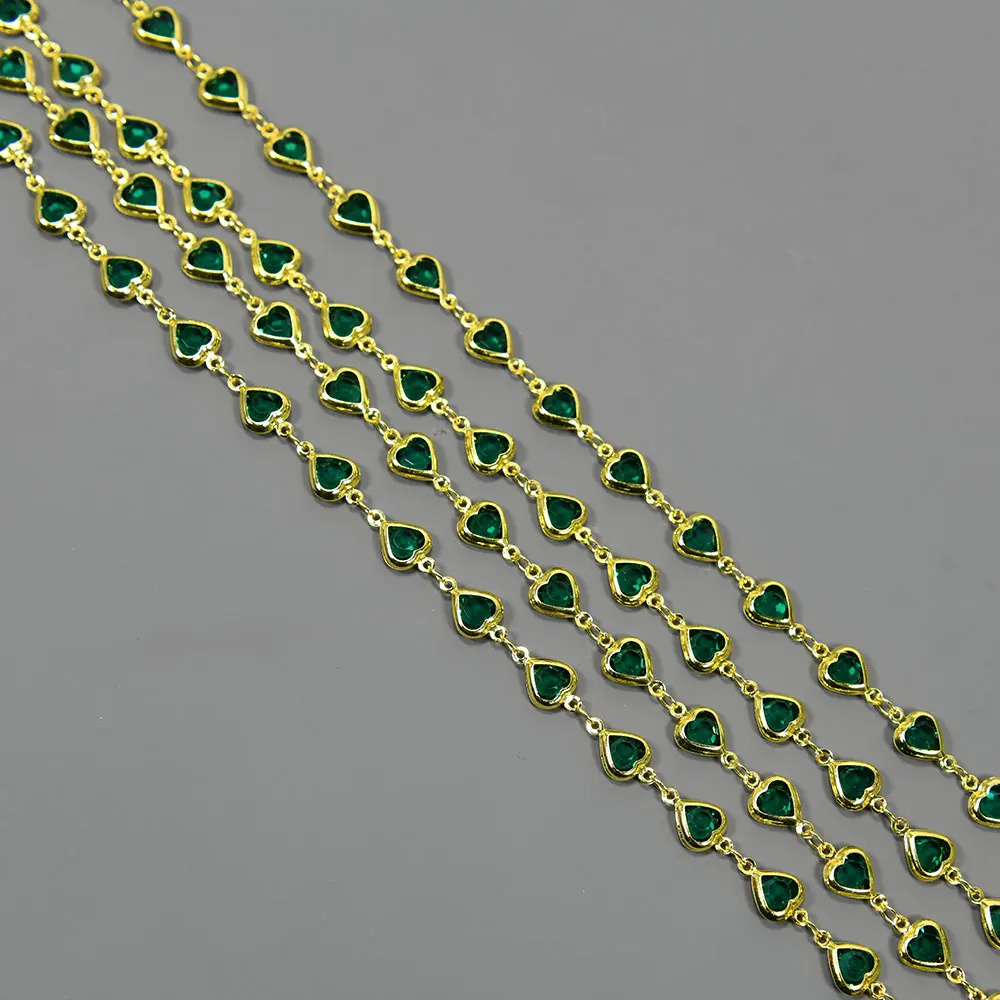 APDGG  5 Meters 7.5mm Green Glass Heart Crystal Gold Plated Copper Fashion Bezel Set Chain Paperclip Neck Necklace Making DIY
