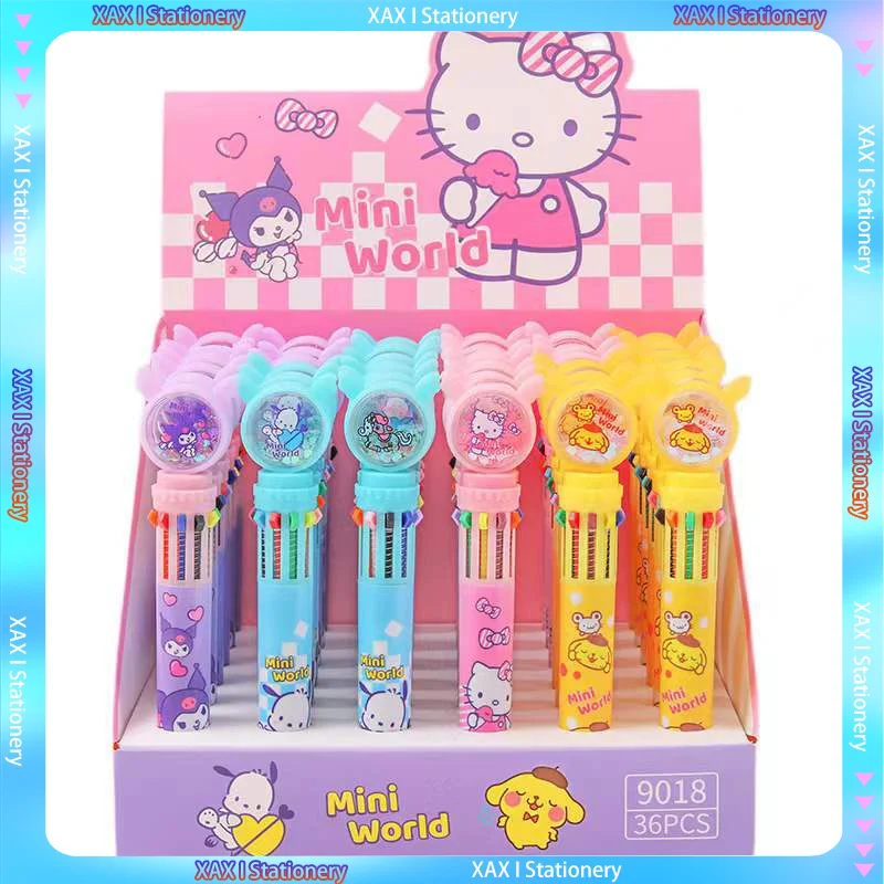 New Sanrio 36 Pcs Quicksand Ten-color Ballpoint Pen Kuromi Cartoon Student Stationery 0.5 Note Marker School Office Pen Prizes