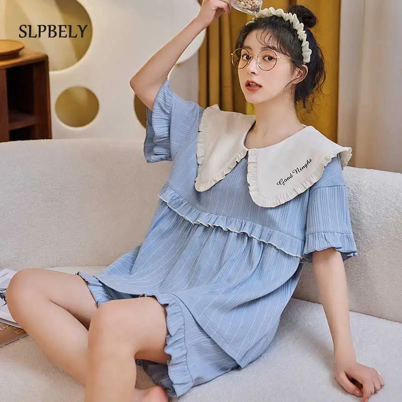 

SLPBELY Women Pajamas Set Homewear Summer Sweet Doll Collar Short Sleeve Nightwear Pyjamas Sleepwear Kawaii Loungewear Homesuit