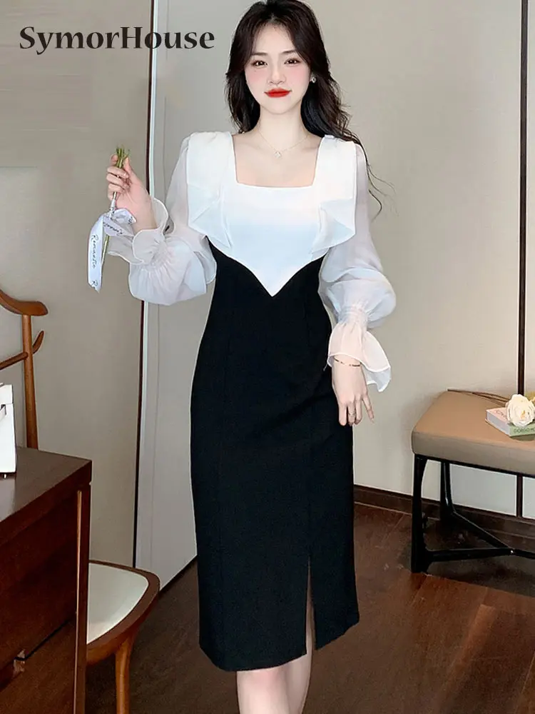 

Hot Sale Spring Autumn Black White Stitching Office Sheath Bodycon Pencil Dress High Waist Chic Party Women's Dresses Vestidos
