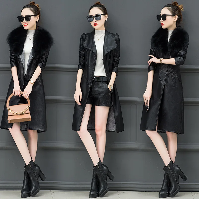 Winter Coat Plush Leather Coat Women's Medium Long Slim Leather Coat Thickened Warm Waist Wool Collar Skinny Lady Leather Coat