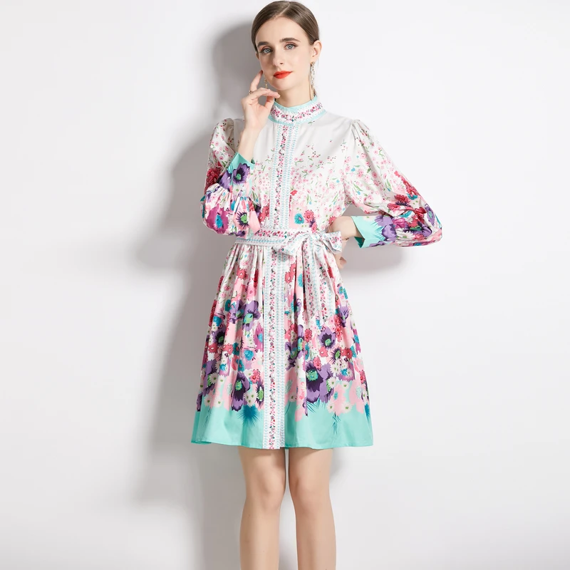 

Vintage Floral Print Women Runway Dresses Autumn Elegant Stand Collar Single Breasting Lace Up A-Line Mini Dress Female