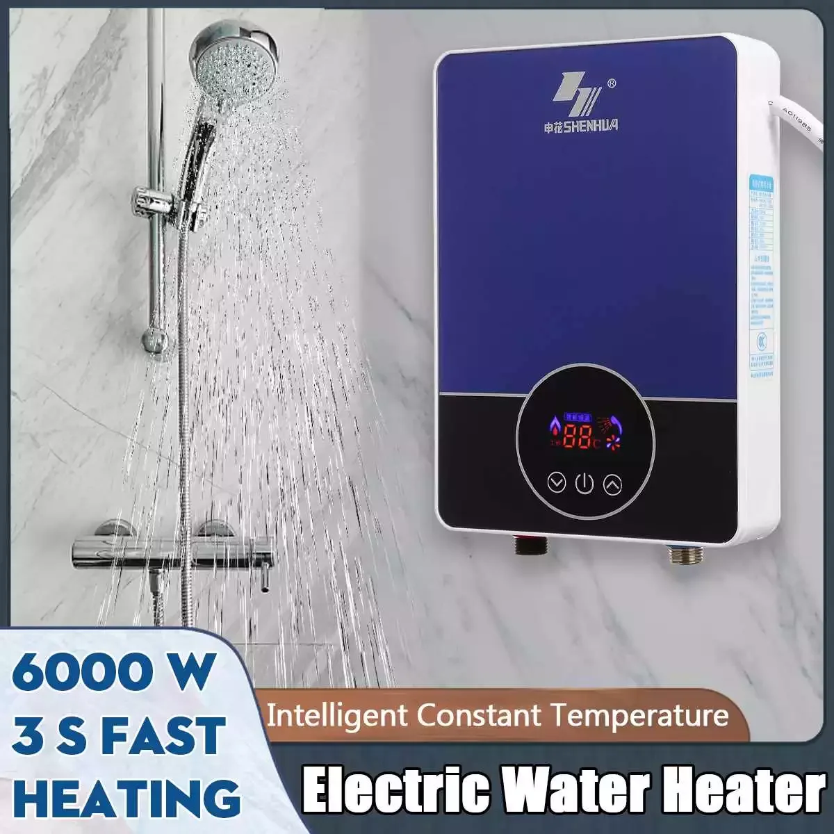 6000W Smart Electric Water Heater Remote Control Instantaneous Tankless Water Heater Kitchen Bathroom Shower Water Fast Heating