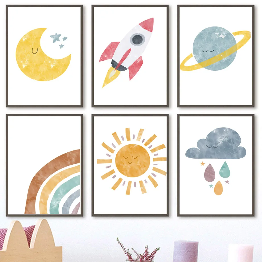 

Boho Nursery Sun Moon Clouds Rainbow Rocket Planet Nordic Poster Wall Art Print Canvas Painting Wall Pictures Baby Room Decor