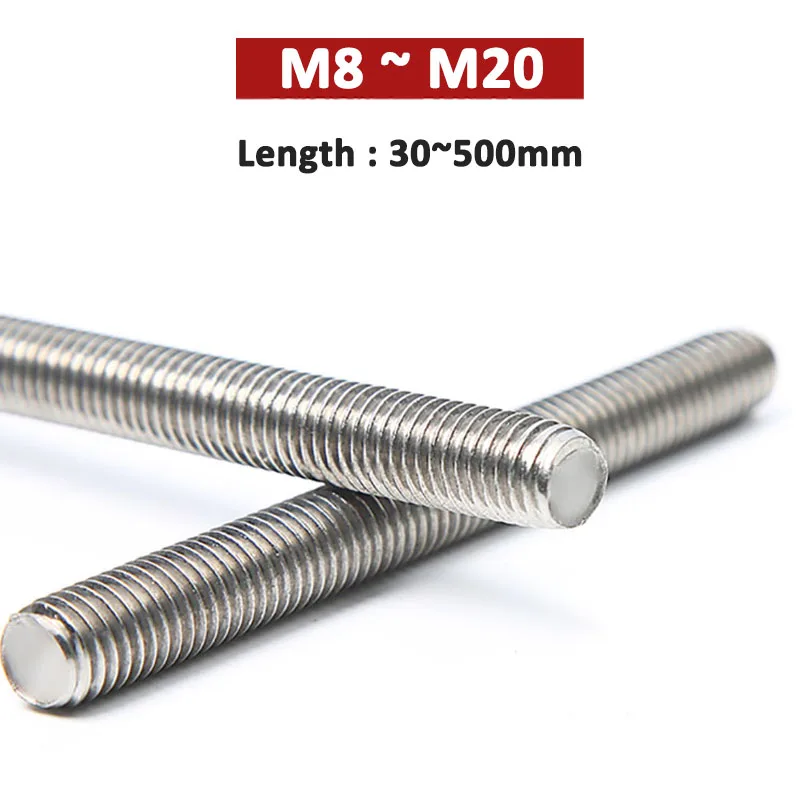 

1pcs M8 M10 M12 M14 M16 M18 M20 304 Stainless Steel Full Thread Rod Screw Rod Headless Bolt Full-Thread Bar Stud Length 30-500mm