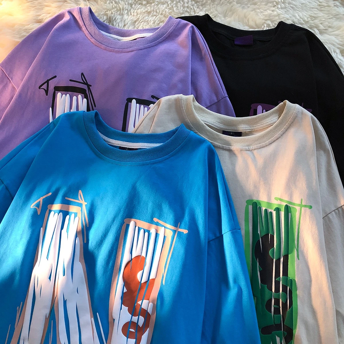 

Футболка женская хлопковая с коротким рукавом, простая повседневная Свободная рубашка с буквенным принтом в Корейском стиле, синяя одежда ...