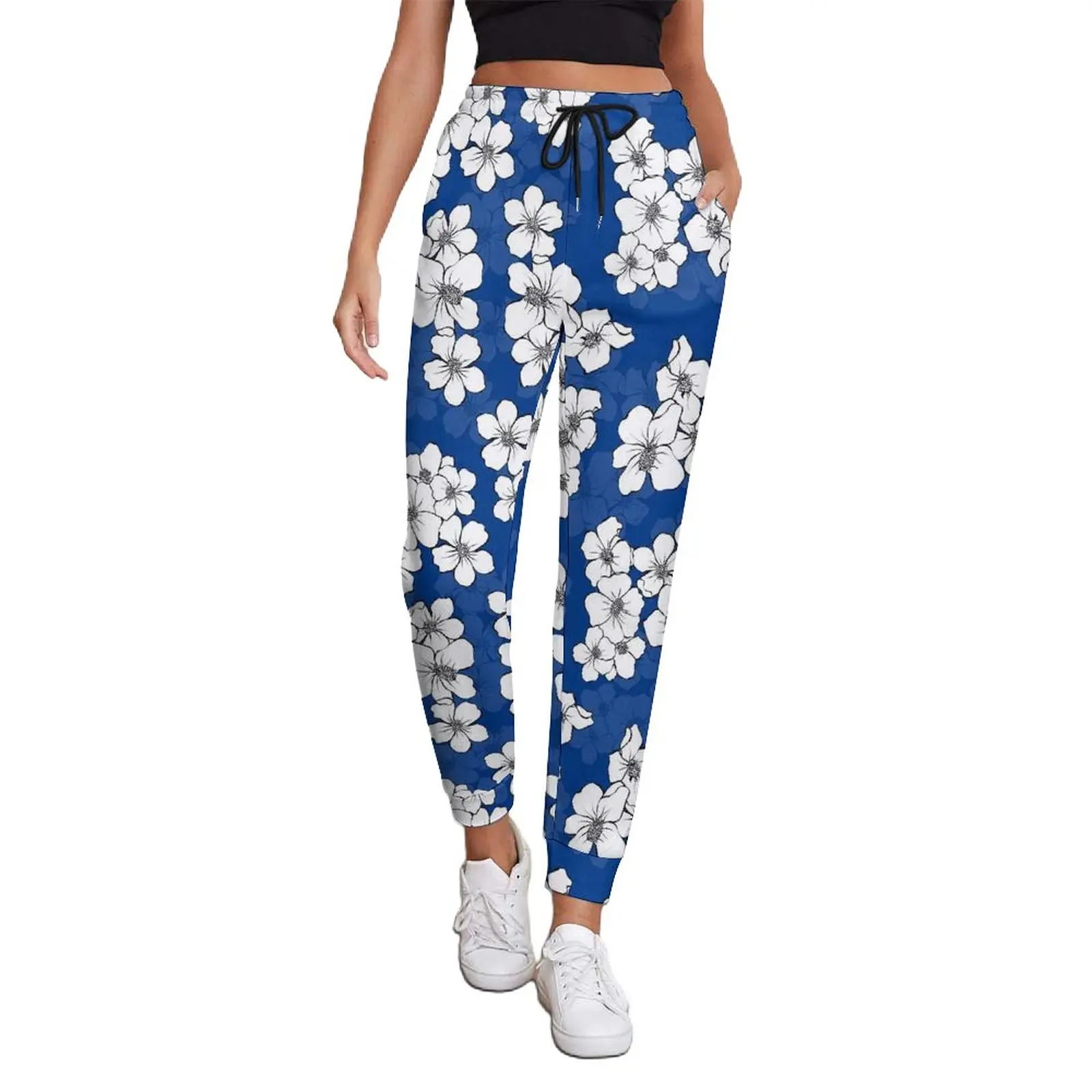 

White Flower Print Pants Retro Floral Elegant Sweatpants Autumn Graphic Hippie Oversize Trousers Birthday Present