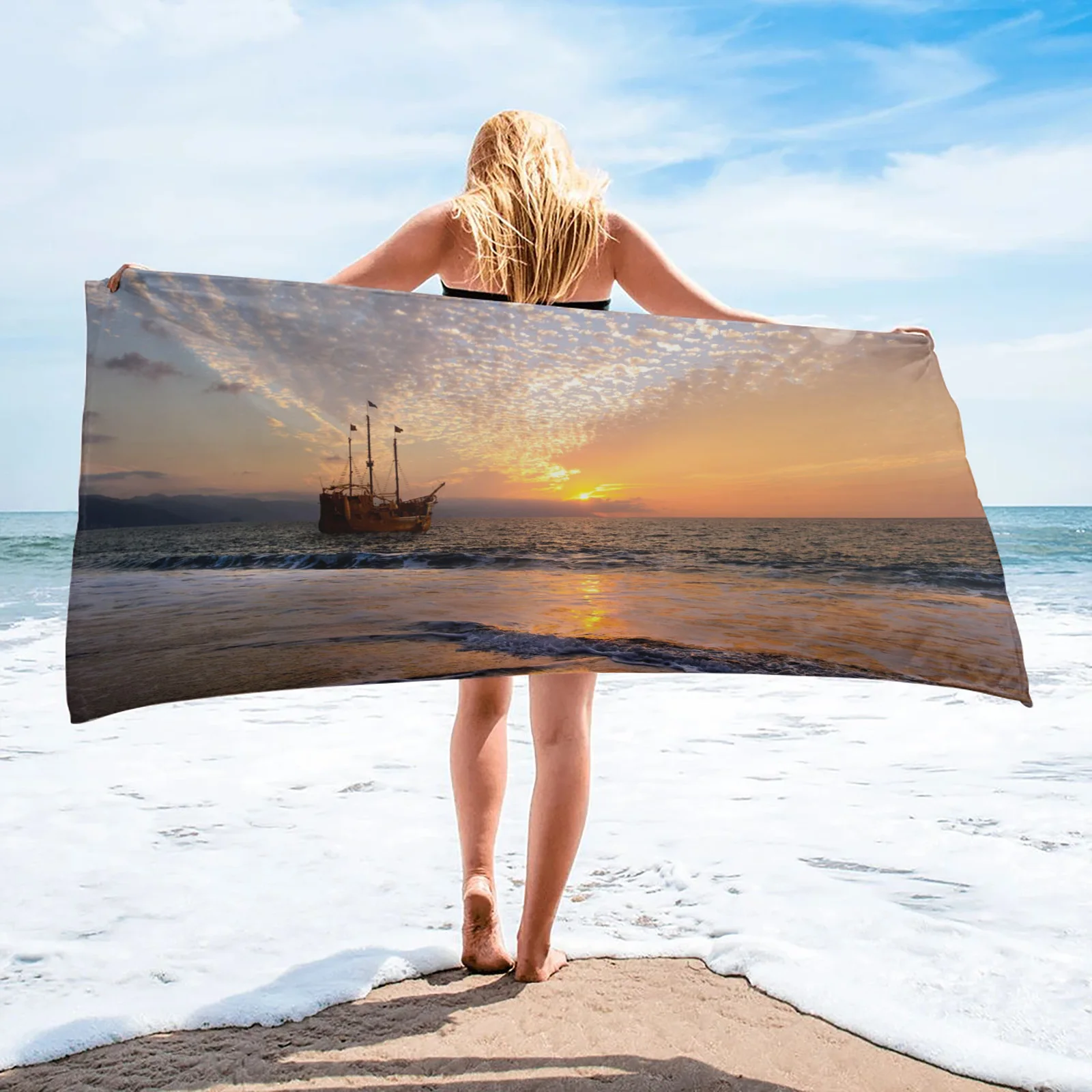 

Pirate Ship Sunset Beach Modern Household Bath Towel Quick Dry Fitness Spa Towel Stylish Microfiber Beach Towel