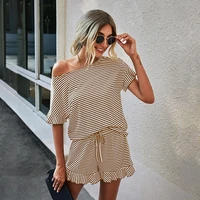 casual loungwear stripe shorts set summer women short sleeve tee tops and loose high waisted mini shorts two piece set 2022new