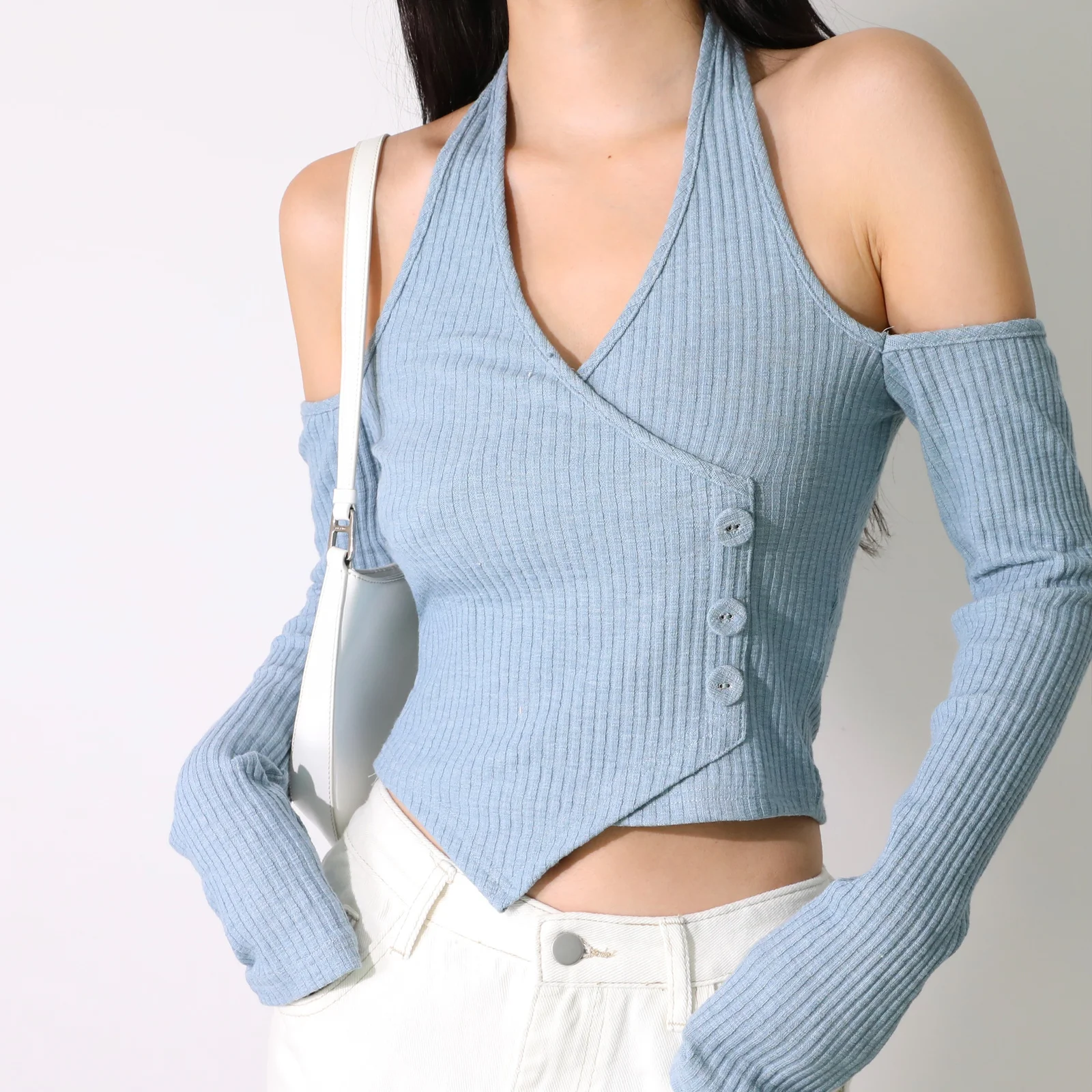 

TVVOVVIN Pure Desire свитер с открытыми плечами и перекрестным воротником женский короткий приталенный топ с открытыми плечами и длинным рукавом для девушек JSV6