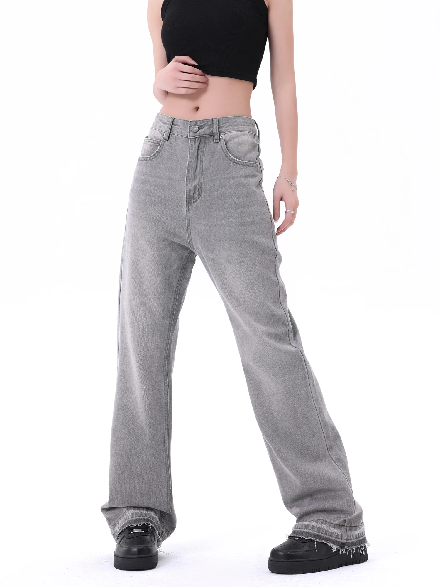 

Уличные ретро джинсы American high street дымчато-серого цвета для мужчин и женщин, свободные прямые брюки с эффектом потертости